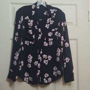 Express portfolio shirt navy blue with white flowers trimmed in pink size small